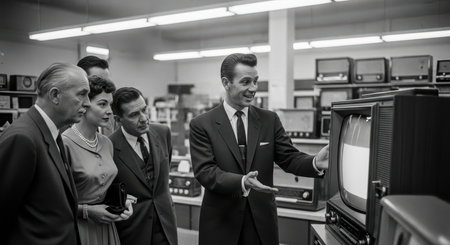 Young caucasian male salesman demonstrating television to adults in retro electronics storeの素材