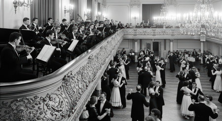 Elegant ballroom dance with orchestra in grand historic venueの素材