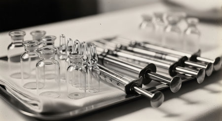 Vintage medical syringes and glass vials on tray in sepia toneの素材