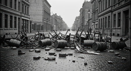 Deserted street barricade of chairs and barrels amidst cobblestones on a cloudy dayの素材