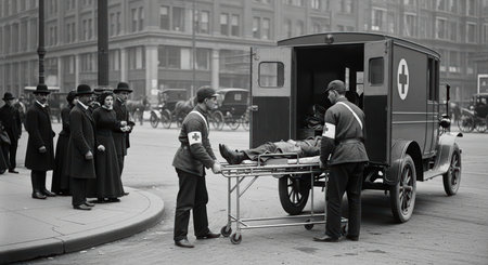 Historical urban scene with ambulance and medical personnel assisting injured personの素材