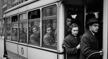 Historical black and white tram scene with adults in 1940s urban settingの素材