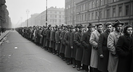 Long line of young caucasian males standing in coats on street in historical urban settingの素材