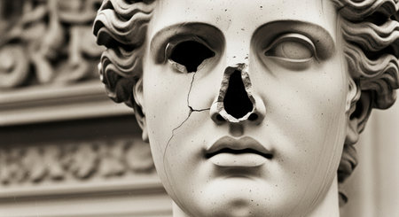 Damaged marble statue with missing eye and cracked surfaceの素材