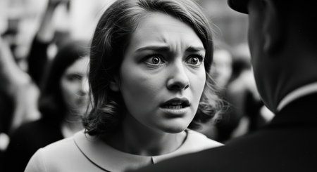 Young caucasian female with surprised expression in crowded urban settingの素材