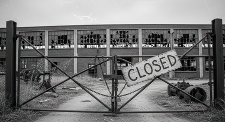 Abandoned industrial building with broken windows behind closed iron gateの素材