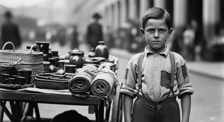 Young caucasian boy in vintage street market with baskets and potteryの素材