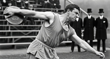 Young caucasian male athlete competing in historic discus throw event outdoorsの素材