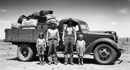 Caucasian family with truck during great depression era journeyの素材