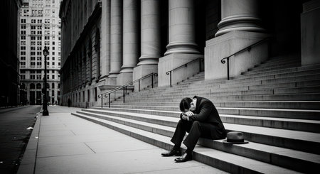 Young caucasian male in suit sitting on urban steps depressedの素材