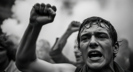 Caucasian young male protester with raised fist in intense demonstration sceneの素材
