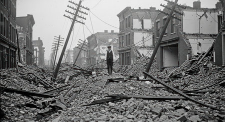 Historic urban destruction scene with ruined buildings and fallen polesの素材