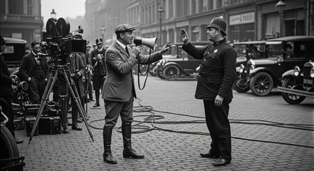 Vintage film set with director and policeman in historical urban sceneの素材