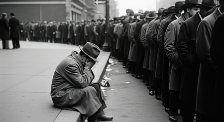 Portrait of despair during great depression breadline in 1930s urban americaの素材