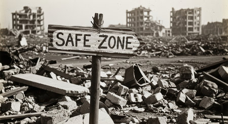 Destruction aftermath with safe zone sign amidst ruins and debrisの素材