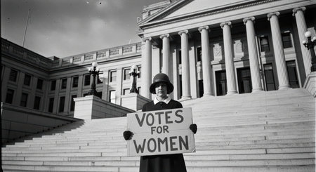Historic feminist milestone: woman advocating for womens suffrage on government stepsの素材
