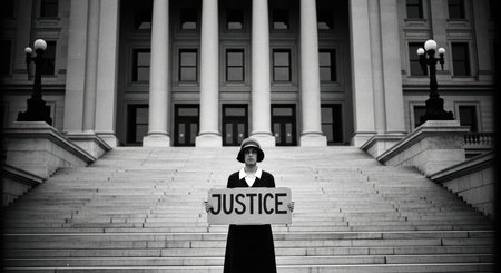 Female activist holding justice sign on government building steps in black and whiteの素材