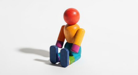 Colorful wooden toy figurine with articulated limbs on white backgroundの素材