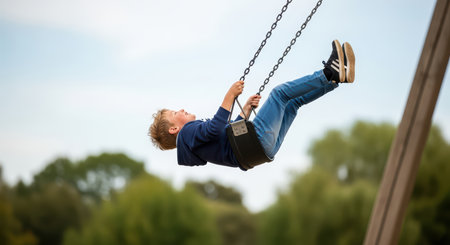 Young caucasian child enjoying swing at park on pleasant dayの素材