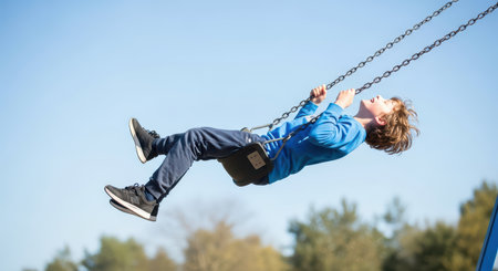 Caucasian young boy swinging outdoors in blue skyの素材