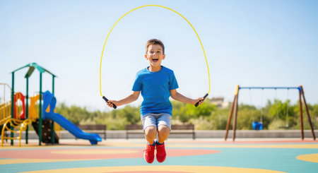 Joyful asian child jumping rope in colorful playground on sunny dayの素材