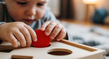 Caucasian child engaging with shape sorting toy for cognitive developmentの素材