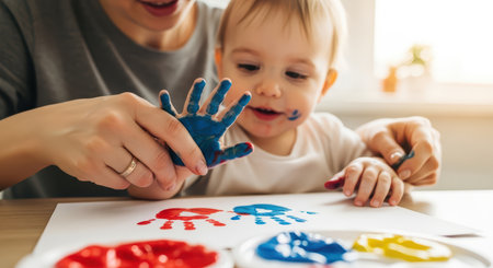 Caucasian female with child engaged in finger painting activity at homeの素材
