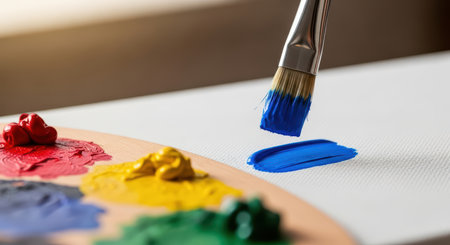 Colorful paint palette and brush applying blue on canvasの素材