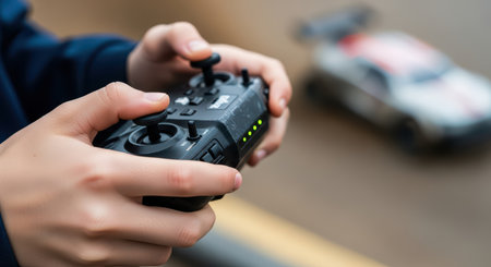 Childs hands operating rc car remote control during outdoor playの素材