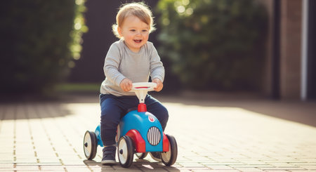 Caucasian male toddler riding blue toy car outdoors with joyful expressionの素材