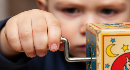 Young caucasian child playing with vintage jack-in-the-box toyの素材