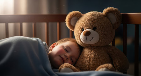 Sleeping caucasian child cuddling teddy bear in dimly lit roomの素材