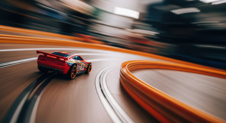Red toy race car on curved track at high speed with motion blurの素材