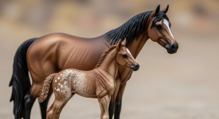 Lifelike brown horse and foal figurines displayed in natural settingの素材