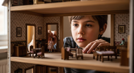 Young caucasian boy playing with dollhouse furniture in detailed miniature roomの素材