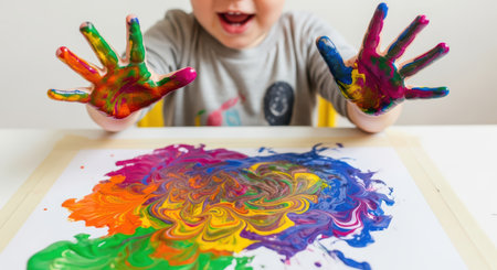 Child engaged in colorful finger painting activity with bright smilesの素材