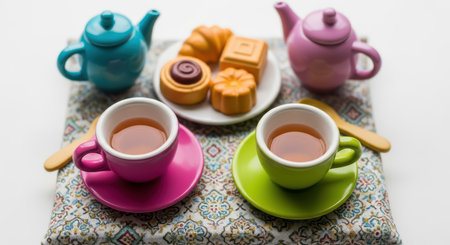 Colorful tea set with sweets on patterned cloth displayの素材