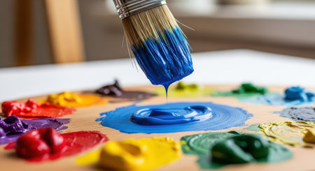 Palette with brush dipped in blue paintの素材