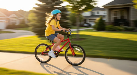 Caucasian female child joyfully riding red bicycle on sunny suburban streetの素材