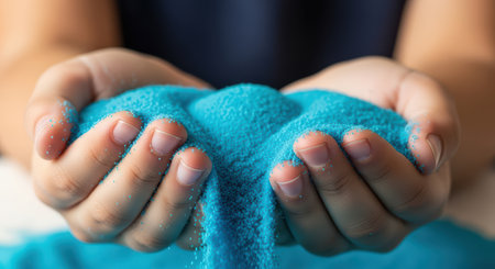 Close-up of hands holding vibrant blue kinetic sand for creative playの素材