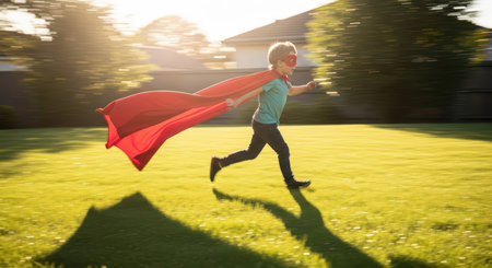 Young caucasian boy in red cape running through sunny backyardの素材