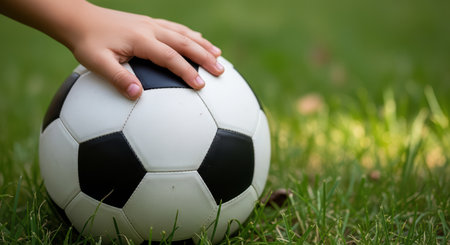 Childs hand on soccer ball in grass outdoorsの素材