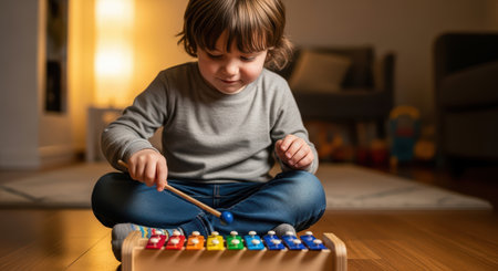 Caucasian young child playing colorful xylophone indoorsの素材