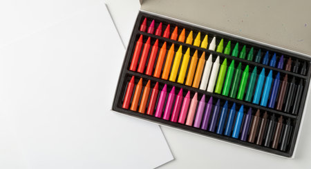 Vibrant colored pencils set next to blank white paper for creative drawingの素材