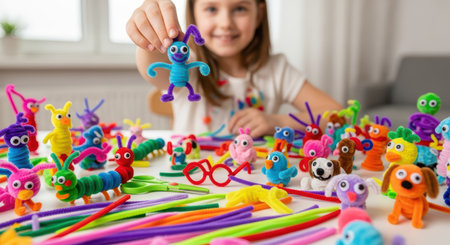Young caucasian girl creating colorful pipe cleaner crafts at homeの素材