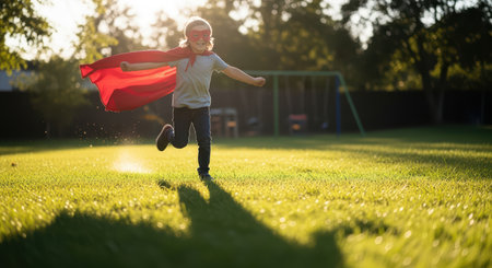 Joyful caucasian child superhero running in green park with red capeの素材