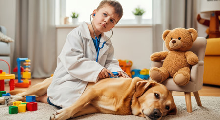 Child vet examining dog: young caucasian boy plays doctor with pet and teddy bearの素材