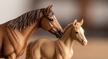 Realistic brown and cream horse figures displayed on wooden surfaceの素材