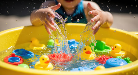 Child playing with water and colorful toys in yellow tub outdoorsの素材