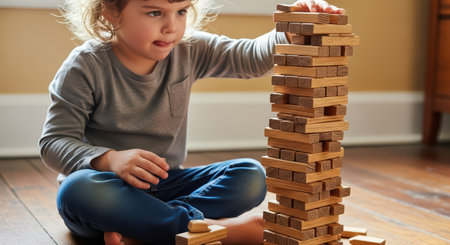 Young caucasian child building block tower indoors with focus and creativityの素材